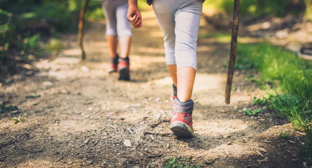 two people hiking along a Smoky Mountain trail