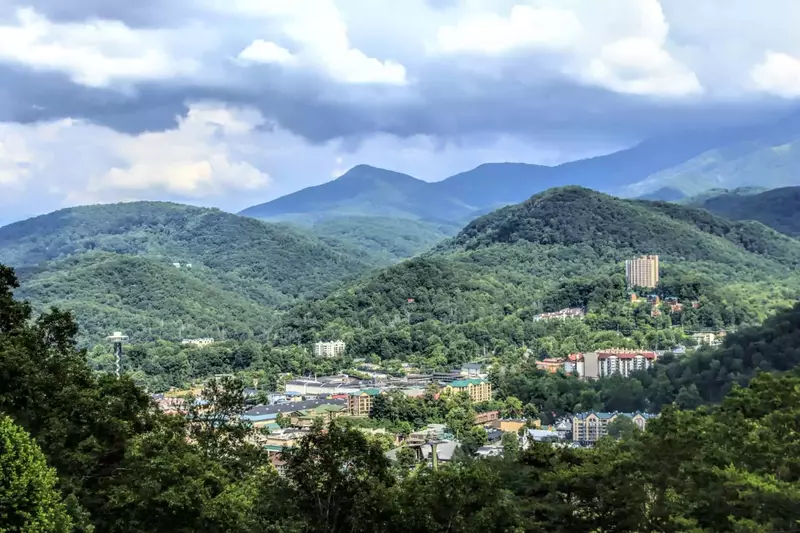 View of downtown Gatlinburg and the Great Smoky Mountains National Park