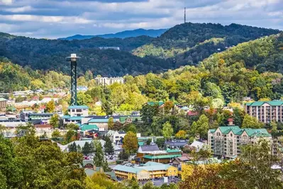 stunning aerial view of downtown Gatlinburg TN