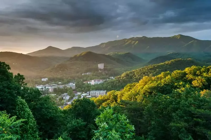 Downtown Gatlinburg surrounded by the Great Smoky Mountains