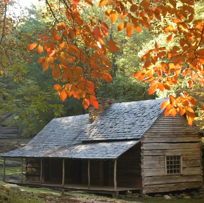 historic log buildings surrounded by fall colors in the Great Smoky Mountains National Park