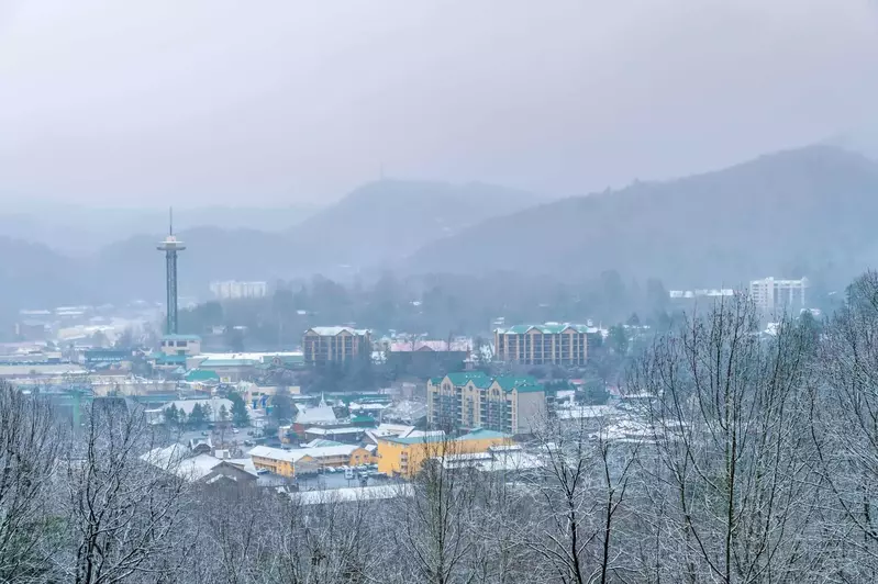 View of downtown Gatlinburg TN in the snow