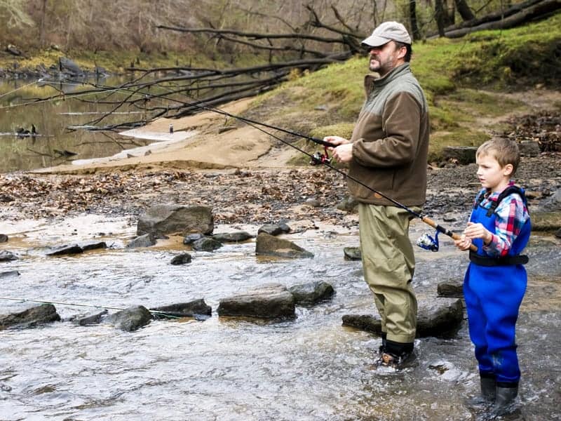 man and boy fishing in a Smoky Mountain river
