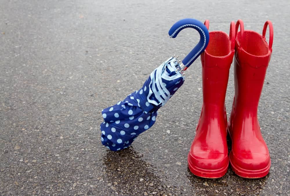 Red rain boots and a blue polka dot umbrella