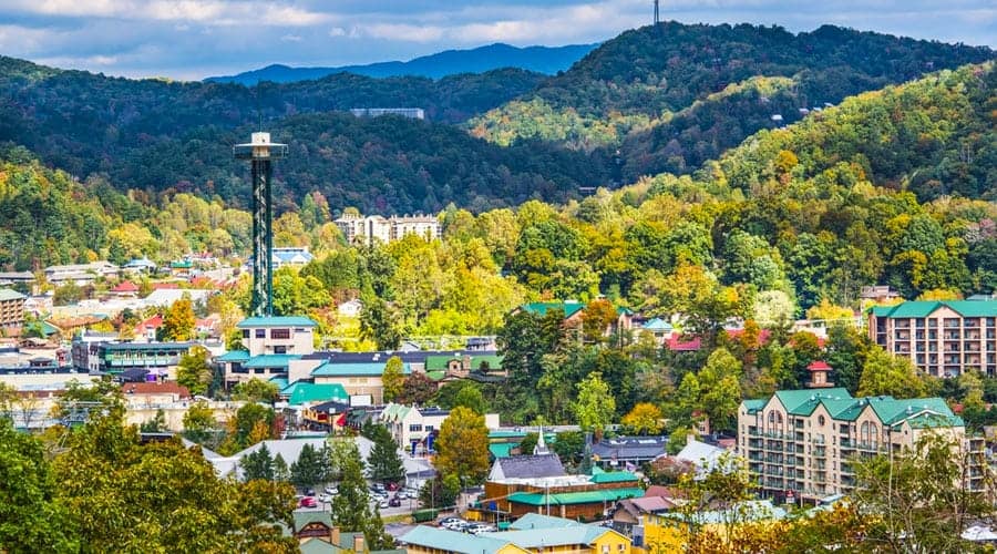 aerial view of beautiful downtown Gatlinburg Tennessee