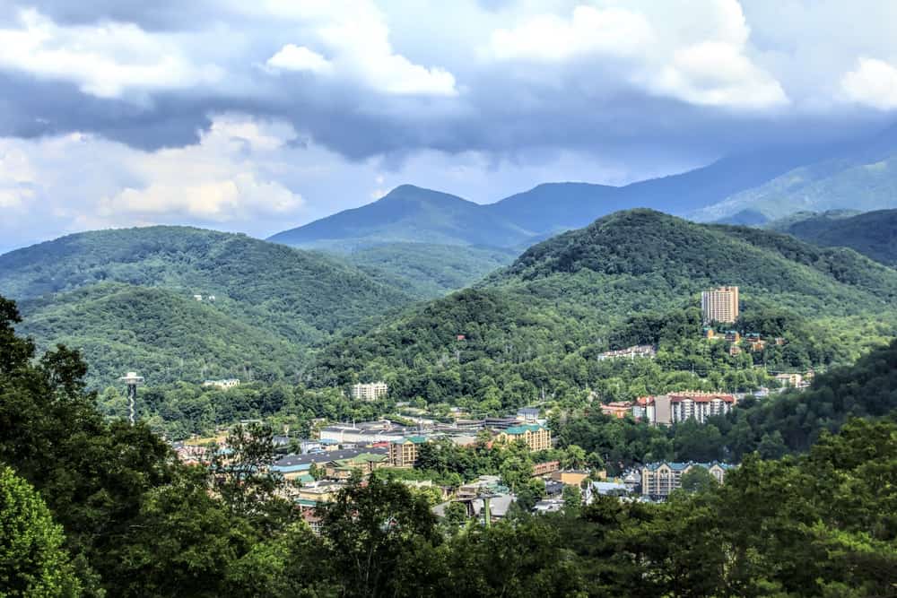 aerial view of downtown Gatlinburg TN and the Smoky Mountains