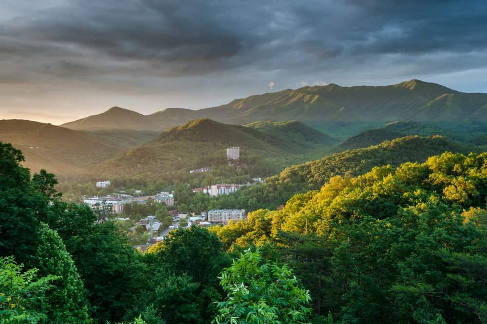 Downtown Gatlinburg surrounded by the Great Smoky Mountains