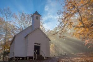 The Missionary Baptist Church in Cades Cove on a fall day.