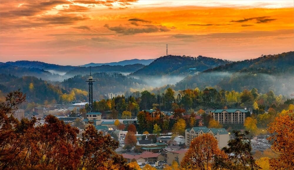 downtown gatlinburg in the fall at sunset